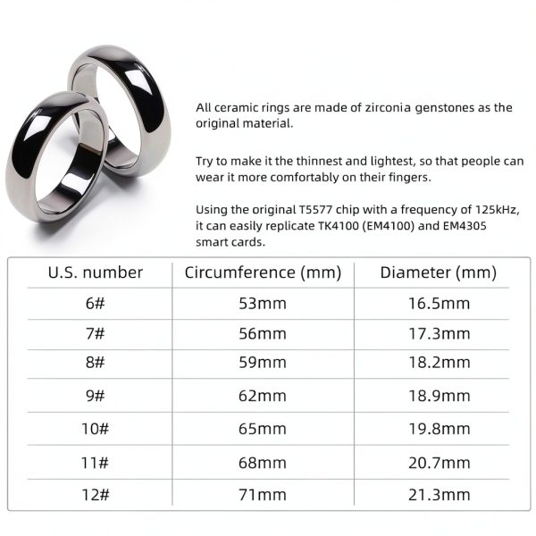 RFID 125khz Rewritable T5577 Chip Black Ceramic Smart Rewritable Ring for Clone TK4100/EM4100 Access Control and Hotel Entry Door Keycards (Black, US9#)-5